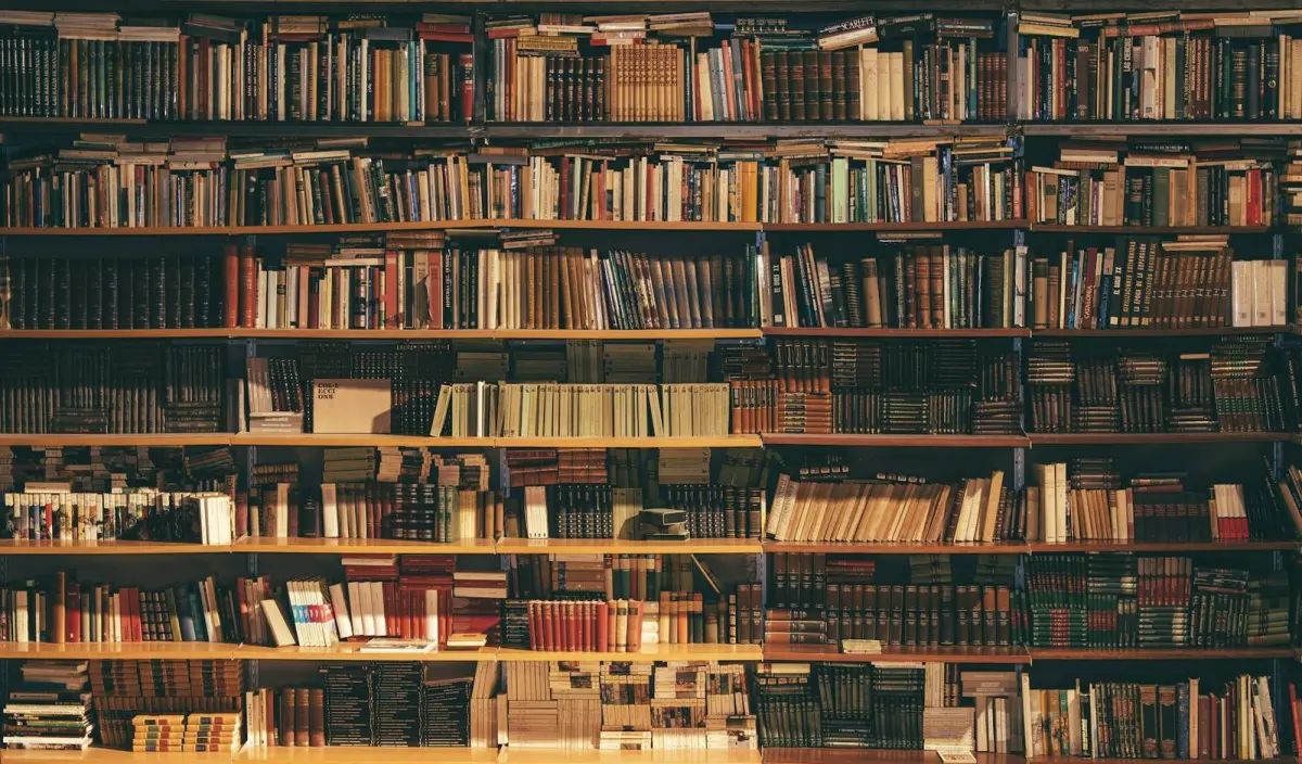 Shelves of bound books in warm library light